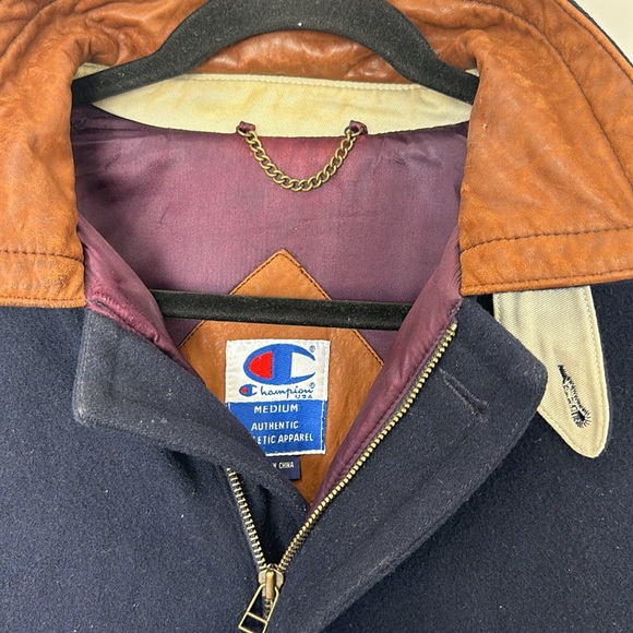 Champion Wool Varsity Bomber Leather Trim Vintage 90s Full Zip Jacket Mens m - Picture 2 of 6